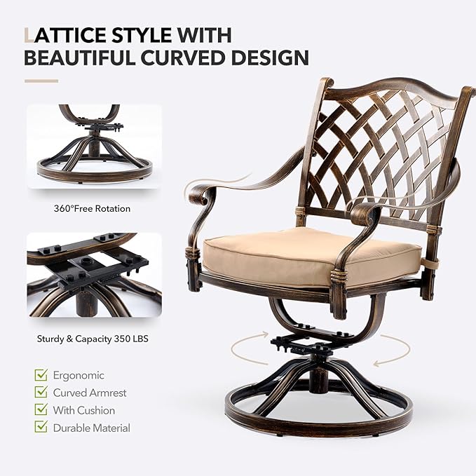 5 Piece Outdoor Dining Set Cast Aluminum, Retro Patio Dining Furniture Set for 4 Includes 54’’ Round Table 4 Chairs with Thicker Cushion and Umbrella Hole for Patio Deck Garden