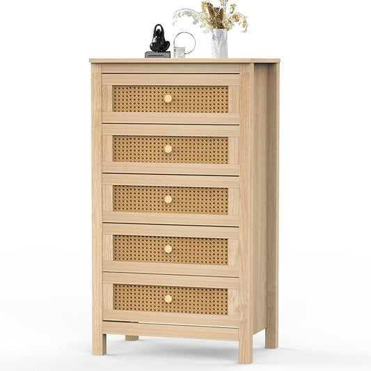 Farmhouse 5 Drawers Dresser, Wood Double Dresser Chest of Drawers Wide Storage Organizer Cabinet for Bedroom, Living Room, Rustic Grey, 5 Drawer