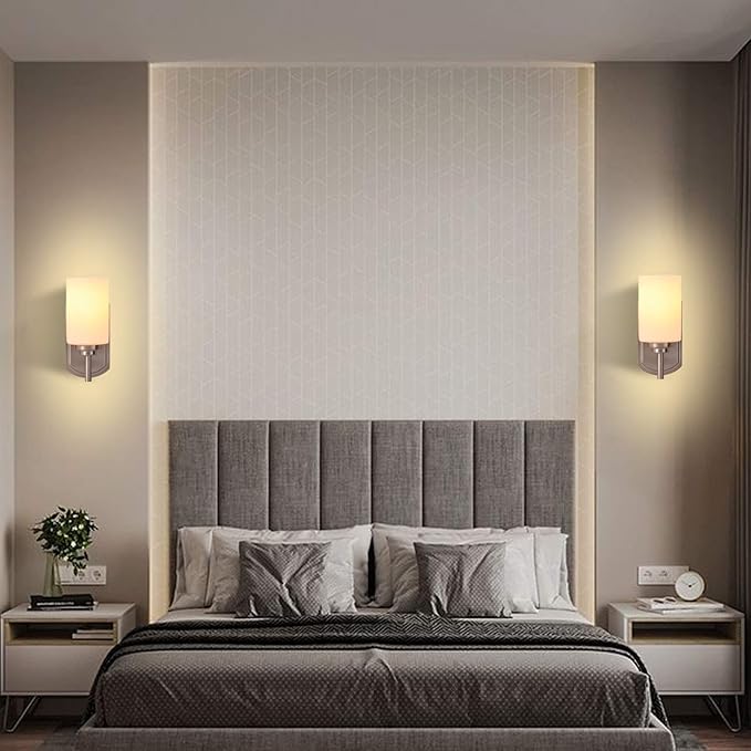 Modern Wall Sconces Set of 2, Bathroom Vanity Lights with White Frosted Glass, Wall Lighting Fixtures Satin Nickel for Entryway Over Mirror Living Room Bedroom
