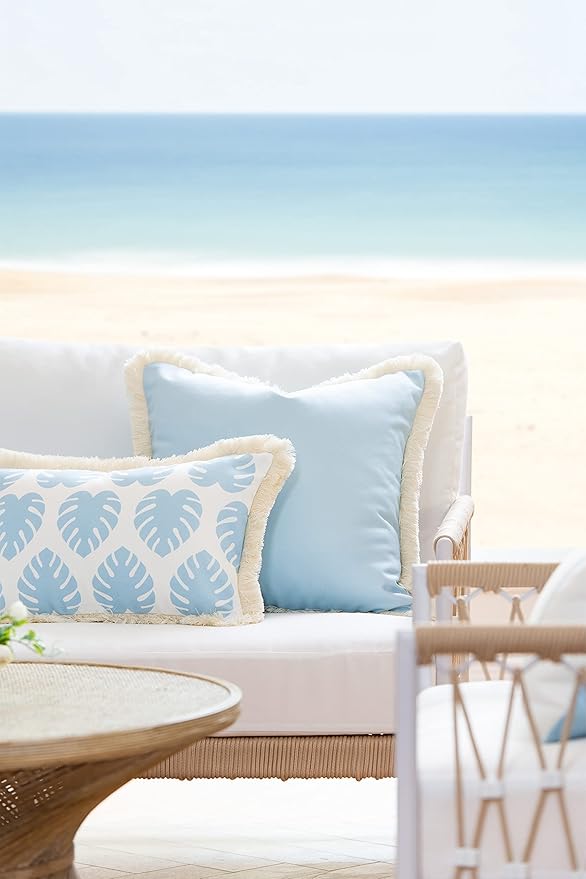 Hofdeco Premium Coastal Hampton Style Patio Indoor Outdoor Lumbar Pillow Cover Only, 12"x20" Water Resistant for Backyard, Couch, Baby Blue Monstera Leaf Fringe