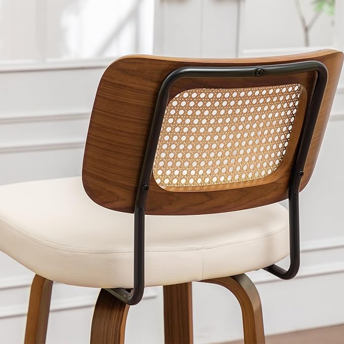 Swivel Counter Height Stools - 26 inch Counter Stools Set of 3 with Curved Rattan Back, Walnut Craftsmanship, Upholstered Seat, Counter Height Bar Stool for Island/Pub/Kitchen (26" Seat Height, Beige)