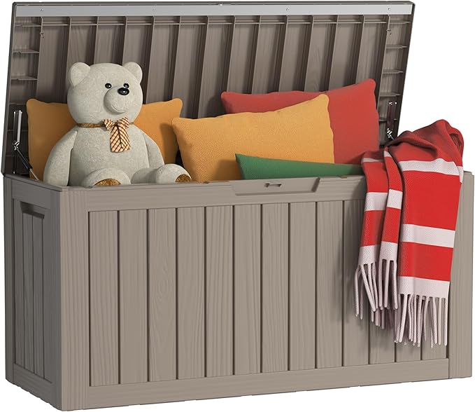 80 Gallon Outdoor Storage Box Waterproof, UV Resistant Resin Deck Box with Hydraulic Rod, Reinforced Stability for Patio, Garden, Striped Gray