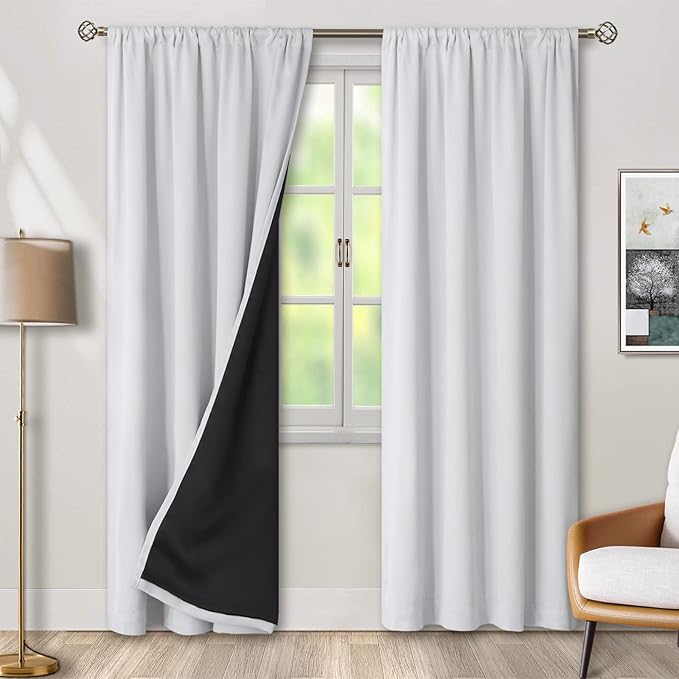 BGment Greyish White 100% Blackout Curtains 84 Inches Long with Noise-reducing Liner, Rod Pocket and Back Tab Double Layer Room Darkening Window Curtains for Bedroom, 2 Panels, Each 42 x 84 Inch