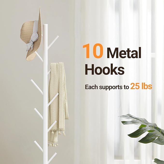 ELYKEN Coat Rack Freestanding with Natural Marble Base, Metal Coat Rack Stand with 10 Hooks, 3 Adjustable Size Coat Tree for Bags, Clothes, and Hats for Entryway, Bedroom, Hallway, Office, White