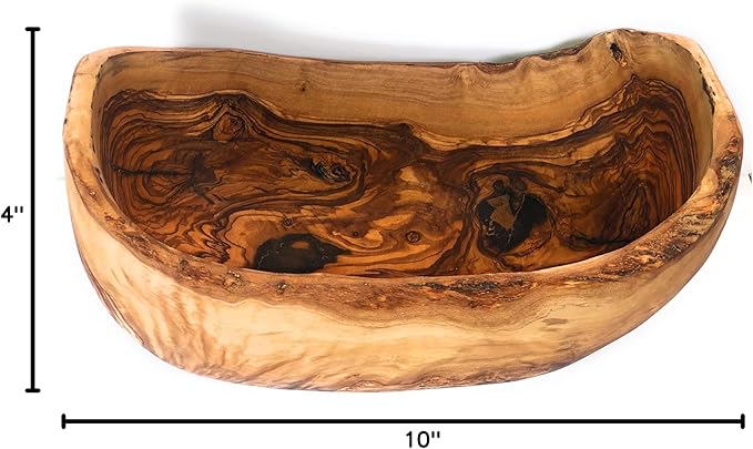 10" Rustic Oval Artisan Olive Wood Dough Bowl Bread Basket Boat Shaped - Live bark edge. Natural Server for Fruit, Salads, Chips, Popcorn. In Lg 10" or XL 12". (Large 10x5-7x4”)