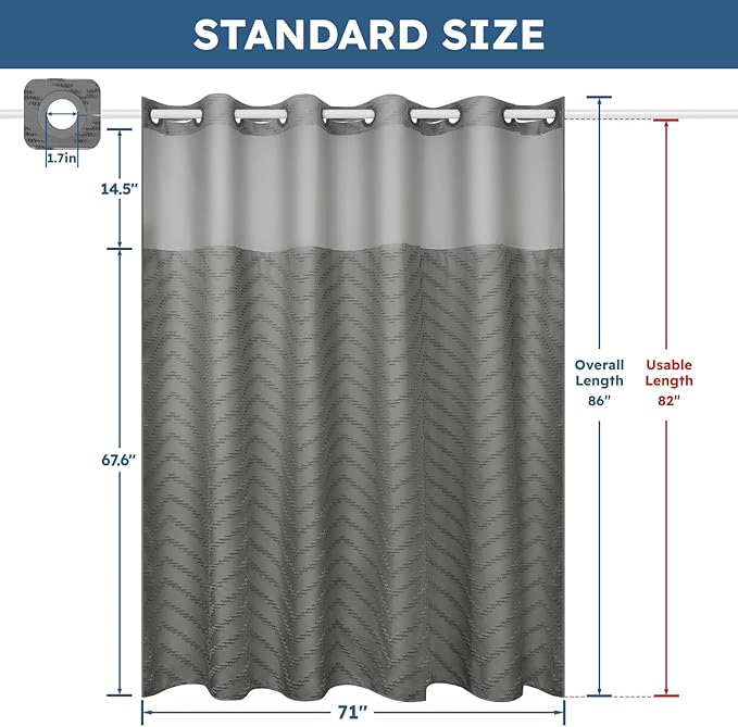 No Hook Shower Curtain and Snap in Liner Set Grey Tufted Chevron Striped Cloth Waterproof Washable Fabric Boho Gray Bath Curtain with See Through Mesh Top Window for Bathroom Hotel 71" x 86"