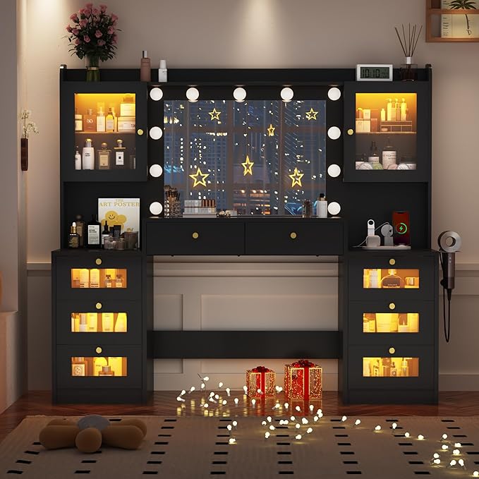 62" Large Makeup Vanity Desk with Mirror and Lights, Glass Top Vanity Table with Power Outlet & Lighted Glass Cabinet , 8 Drawers, Dressing Table with 3 Colors Lights for Bedroom Dressing Room, Black