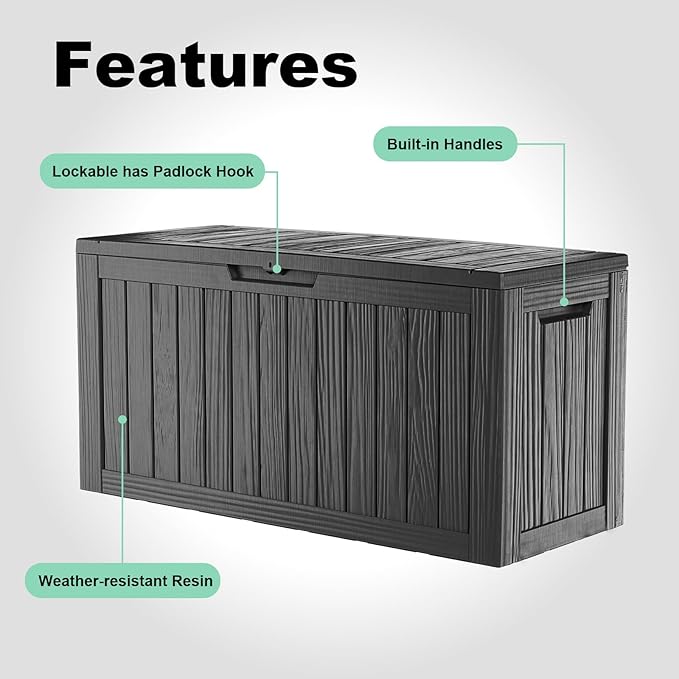 Vixzen 85 Gallon Resin Deck Box, Lockable Outdoor Storage Box for Patio Cushions Storage Furniture,Garden Tools, Pool Supplies, Weatherproof and UV Resistant,Black