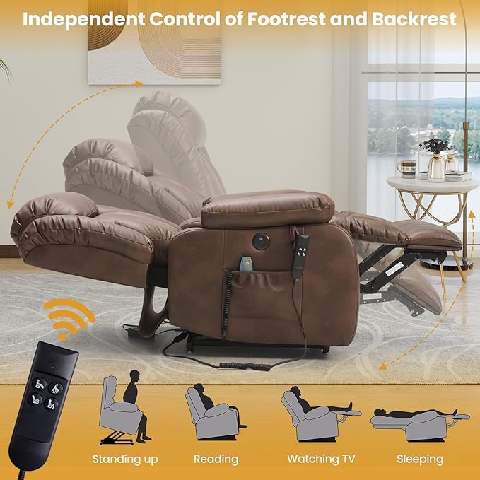 PARKOL Large Breathing Leather Infinite Position Power Lay Flat Lift Recliner Chairs for Elderly, Dual Motor with Massage and Heating,Extended Footrest,USB & Type-C Port and Remote Ochre