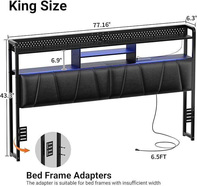 Unikito Headboard for King Size Bed Frame, Upholstered Head Board with Outlets, USB Ports and LED Light, Comfortable Leather Headboards with Storage Shelf, Sturdy King Bed Headboard Only, Black