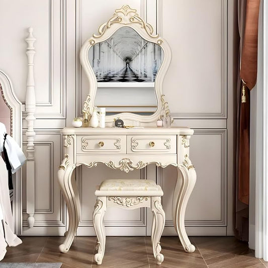 CraftThink Modern Makeup Vanity Set, Bedroom Makeup Vanity Desk Wood Vanity Dressing Table for Bedroom, Makeup Vanity & Mirror & Stools Pentagram 31" L x 19" W x 64" H