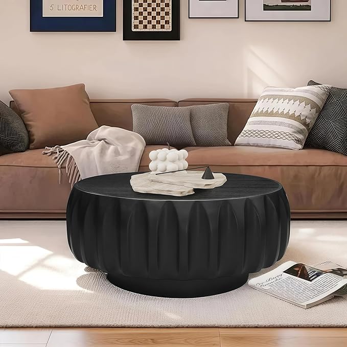 31.5" Round Black Coffee Table - Mid Century Modern Solid Wood Coffee Tables with Fluted Design for Living Room, Small Space, Apartment (Black)