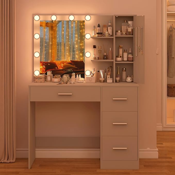 usikey Makeup Vanity with Lights, Vanity Desk with Mirror and 10 LED Lights, Vanity Table Set with 4 Drawers, Cabinet & 4 Necklace Hooks, Dressing Table for Bedroom, Grey