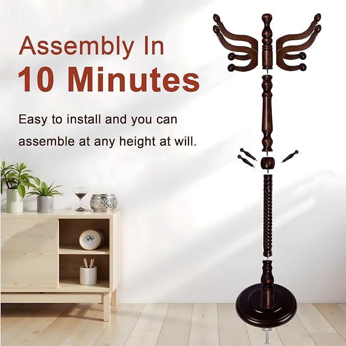 Coat Racks Freestanding, Natural Wood Coat Stands with 11 Hooks, 75" Heavy Duty Adjustable Height Vintage Hall Tree for Entryway, Bedroom, Office, Easy Assembly (Dark Brown)