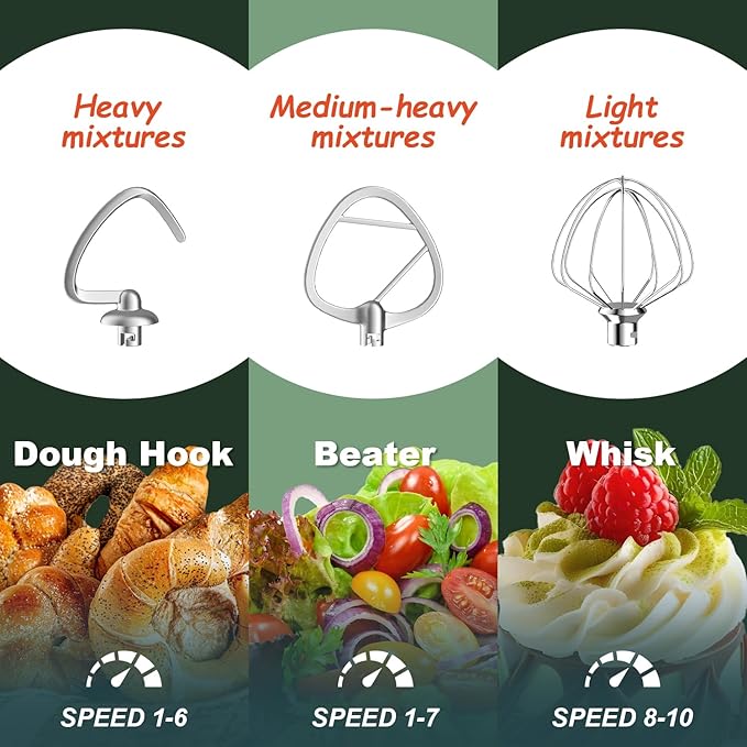 HOWORK Stand Mixer,10+p Speeds With 5.5QT Stainless Steel Bowl,Dough Hook, Wire Whip & Beater,for Most Home Cooks,Cream White