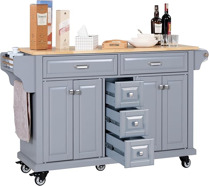 Generic 60.5"" Kitchen Island on Wheels, Rolling Island Table for Kitchen with Double Storage Cabinet and 5 Drawers, Portable Kitchen Cart with Rubber Wood Top, Grey, Large