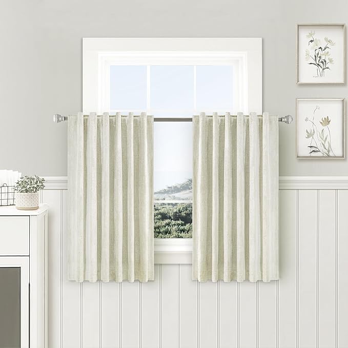 100% Blackout Kitchen Curtains Back Tab Rod Pocket Linen Curtain Thermal Insulated Textured Short Black Out Curtains for Small Window 2 Panels Set 52Wx45L Natural