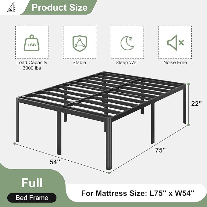 22 Inch High Full Size Bed Frame with Rounded Corner Legs, Sturdy Mattress Foundation, Heavy Duty Metal Platform Bed Frame Full No Box Spring Needed, Noise Free, Easy Assembly, Black