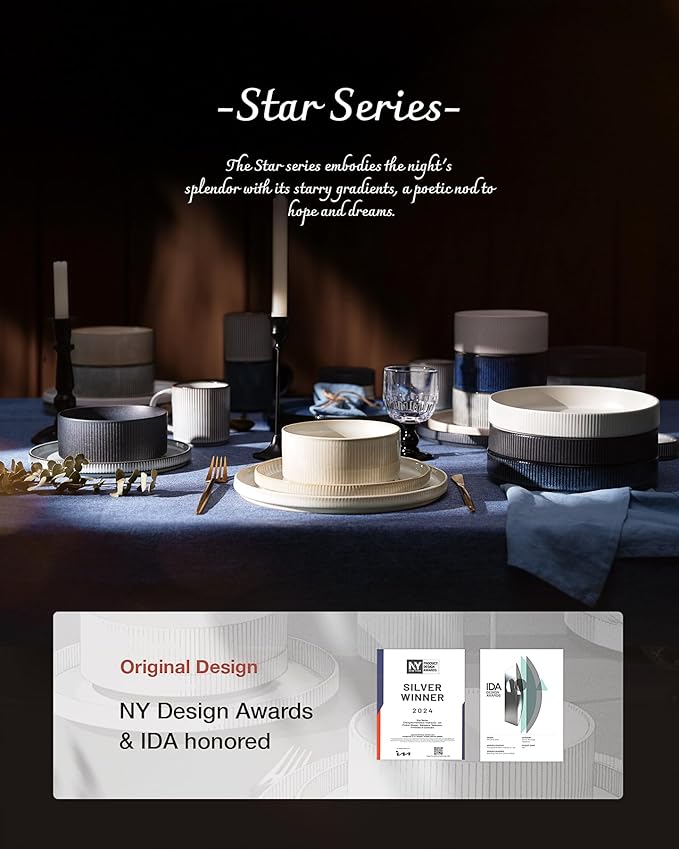 Famiware Star Dinnerware Set, Plates and Bowls Sets for 8 (24pcs), Ribbed Stoneware Dishes - Chip & Scratch Resistant, Microwave & Dishwasher Safe Tableware, White
