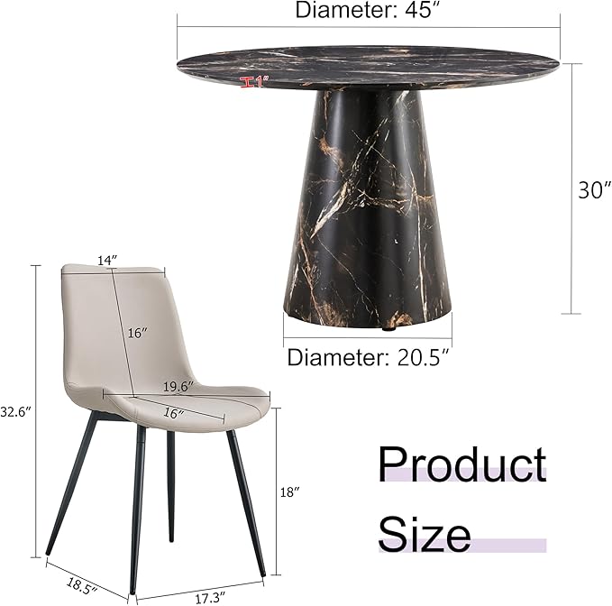 45 Inch Round Dining Table Set for 4, 5 Piece Kitchen Table and Chairs Set, Black Faux Marble Table Top, Small Space Dining Set for Apartment or Dining Room