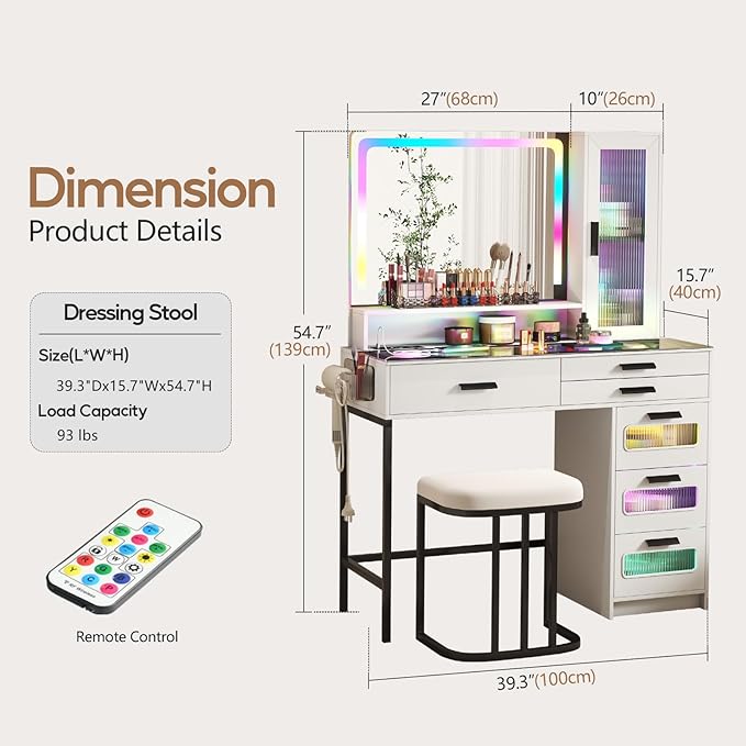 RGB Vanity Desk with Mirror and Lights, Glass Top Makeup Vanity with 6 Drawers & Wireless Charging,Vanity Table Set with RGB Cabinet Light and Jewelry Box, for Girls Bedroom, White