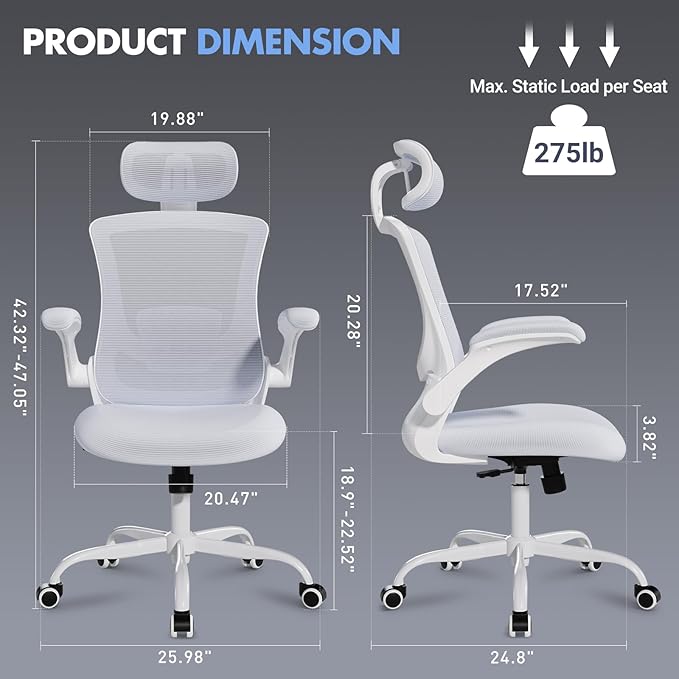 High Back Office Chair with Adjustable Lumbar Support & Headrest, Ergonomic Mesh Desk Chair with Flip-Up Armrests, Breathable & Comfortable Computer Chair for Home, Office & Study, White