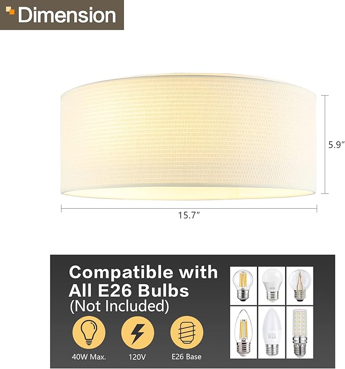 WINGBO 15.7" Modern 3-Light Flush Mount Ceiling Light Fixture with Fabric & Acrylic Double Drum Shade for Bedroom Living Room Dining Room Hallway Entryway, Beige