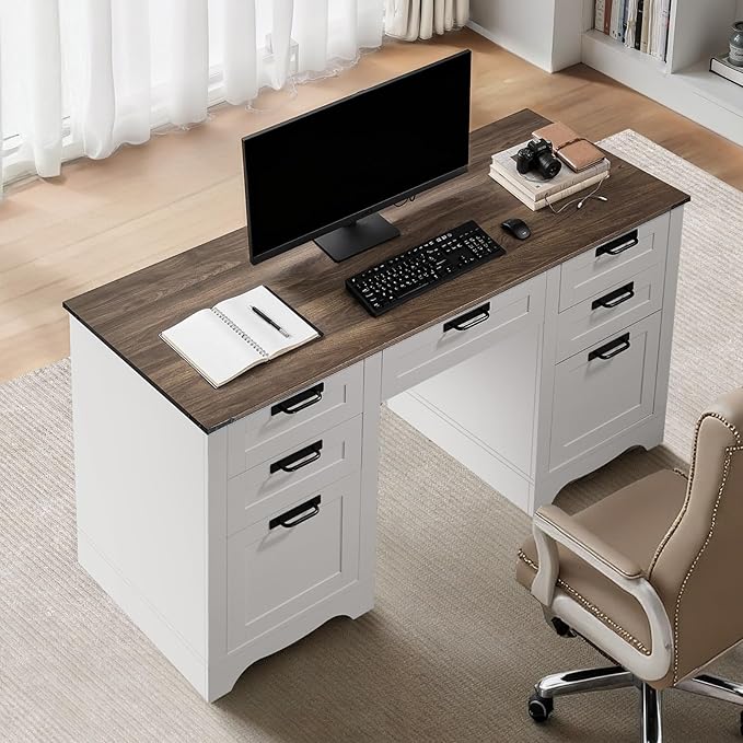 VEVOR 60" Executive Desk with Drawers, Farmhouse Home Office Desk with Charge Station, Keyboard Tray, File Storage Cabinet, 200 LBS Load Capacity Wood Table, Easy Assembly, for Work Study, Walnut