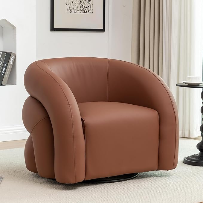34.6" W Swivel Accent Chair, Modern Round Faux Leather Armchair for Living Room,Upholstered Comfy Sofa Chairs for Bedroom Reading Apartment Lounge,Fully Assembled(Brown)