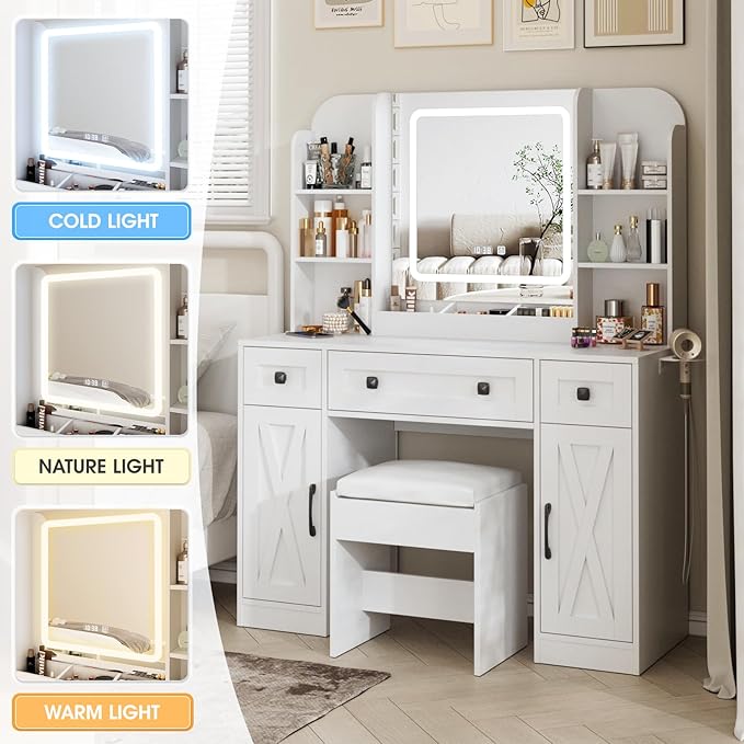 Vabches Makeup Vanity Desk, Vanity Mirror with Lights Desk and Chair,Makeup Table with 3 Large Drawers and 2 Cabinets, Time and Temperature Display, 3 LED Lighting Modes Adjustable, White