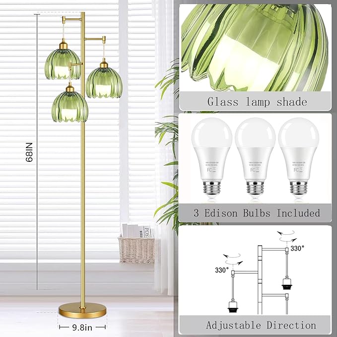 Gold Floor Lamps for Living Room Bedroom-3 Light Green Glass Floor Lamp with Three Led Bulb, Rustic Tall Floor Lamp Gold Standing Lamp Tree Floor Lamps for Living Room Bedroom,Office,Corner