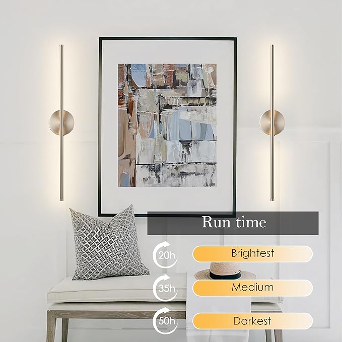 Battery Operated Wall Sconces with Remote Control, Dimmable Wall Sconces Set of Two, 350°Rotate, 3000K LED Nickel Wireless Wall Light for Living Room, Bedroom, Hallway, 32.2 Inch (2 Pack)