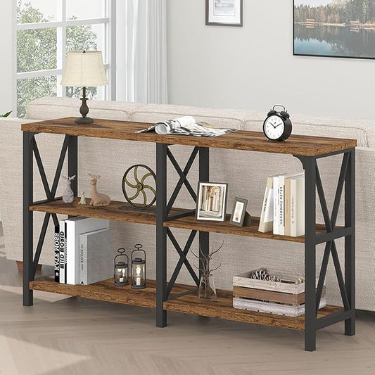 LVB Wood Console Table, Rustic 3 Tier Sofa Table Behind Couch, Industrial Metal Entryway Table with Storage Shelf, Farmhouse Wooden Foyer Hallway Table for Entry Living Room, Rustic Brown, 55 Inch