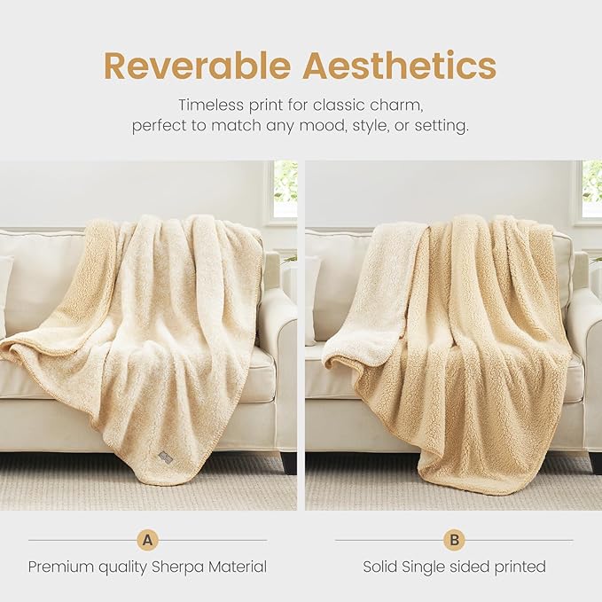 Cozy Bliss Ultra Soft Reversible Double Sherpa Sided Blanket, Fluffy Thick Warm Plush Fuzzy Blanket for Couch, Bed and Gifts (Mottled Beige, 60" x 80")