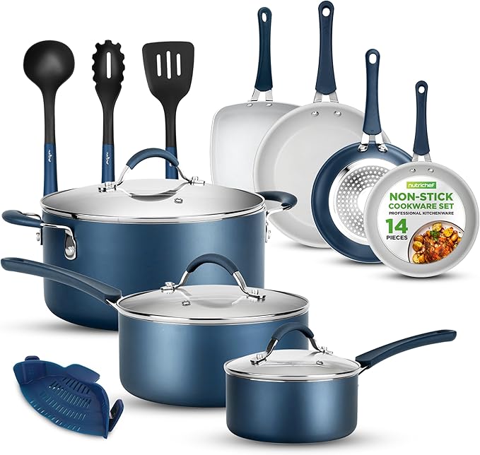 NutriChef Kitchenware Pots & Pans High-Qualified Basic Kitchen Cookware, Non-Stick (14-Piece Set), One Size, Blue