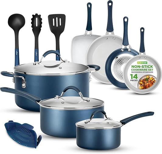 NutriChef Kitchenware Pots & Pans High-Qualified Basic Kitchen Cookware, Non-Stick (14-Piece Set), One Size, Blue