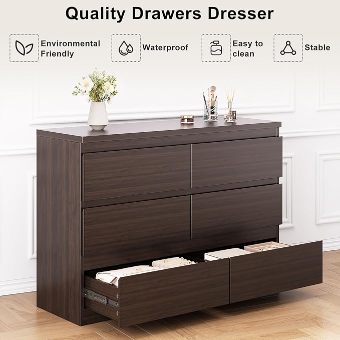 Simply Modern 6-Drawer Dresser, Chest of Drawers for Bedroom, Living Room, Hallway, and Entryway - Large Storage Cabinet with Smooth Metal Rails - Retro Brown