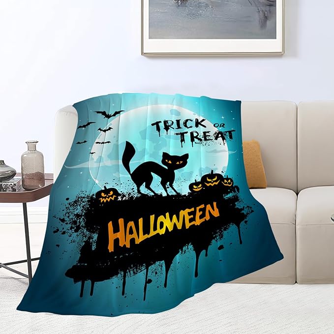 Halloween Blanket Cat Pumpkin Throw Blankets Cozy Fleece Flannel Horror Bedding Stuff Gifts for Men Women Boys Girls Teens Kids Adults for Couch Sofa Bed Decor 60"X80"
