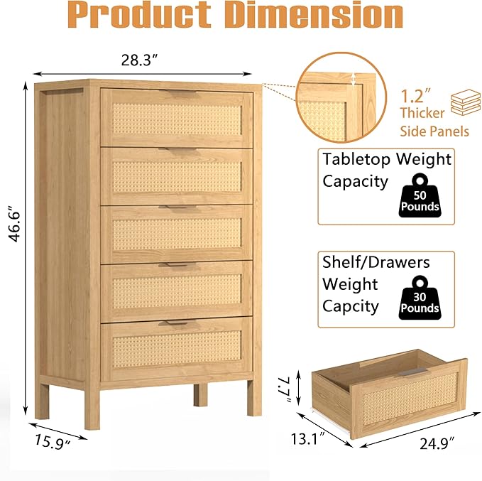 Wood 5 Dresser for Bedroom, Wide Rattan Drawer with Gold Handle for Bed Room, Hallway, Rustic Oak