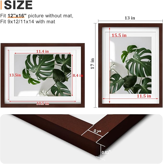Egofine 12x16 Picture Frames with Plexiglass, Display Pictures 9x12/11x14 with Mat or 12x16 Without Mat for Wall Mounting, Walnut Color