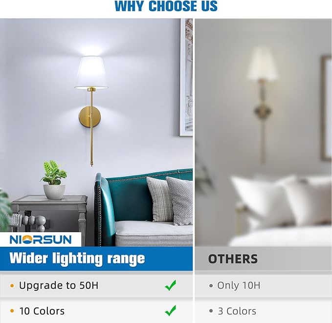NIORSUN 19.9 inch Battery Operated Wall Sconce Set of 2,Gold Rechargeable Wall Lights with 5200mAh Dimmable Detachable Bulbs and Remote,10 Colors Wireless Sconces for Bedroom Living Room Hallway