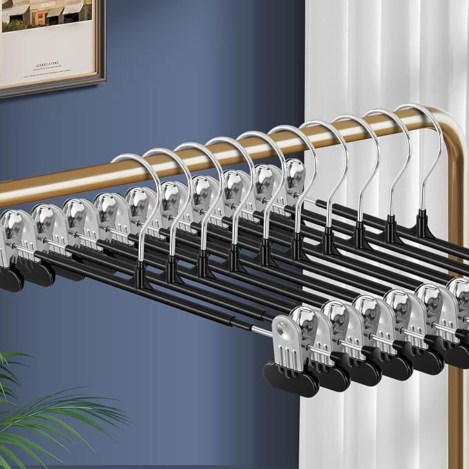 Clothes Pants Hangers with Wide Clips 20 Pack,Non-Slip Adjustable Skirt Hanger for Women,Space-Saving Heavy Duty Men Hangers for Pants,Trousers,Jeans,Shorts 12Inch Black