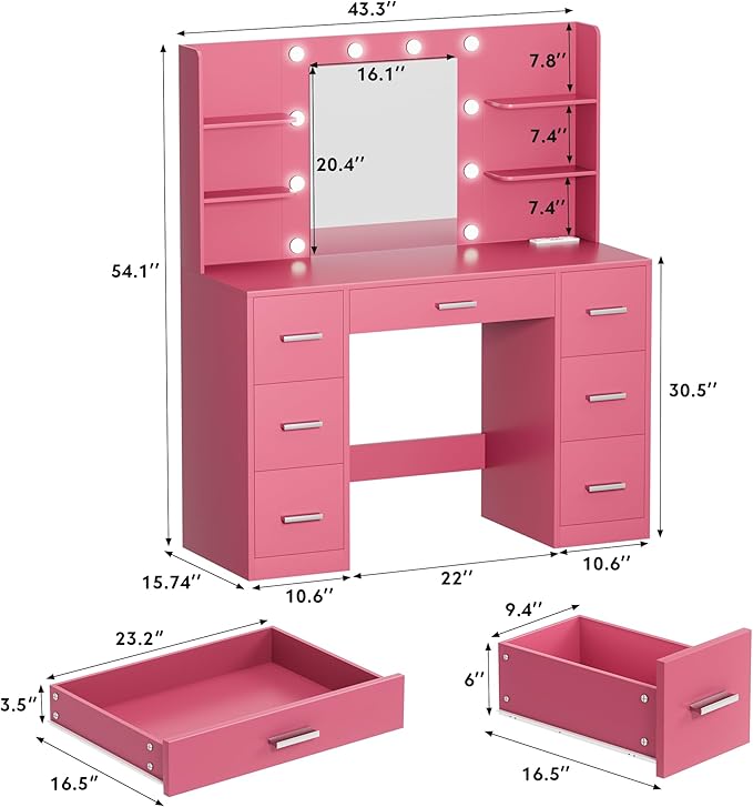 VICTONE Vanity Desk with LED Lighted Mirror&Power Outlet, 3 Model Lights Makeup Vanity Table with 7 Drawers and 6 Storage Shelves for Bedroom and Dressing Room (Dark Pink)
