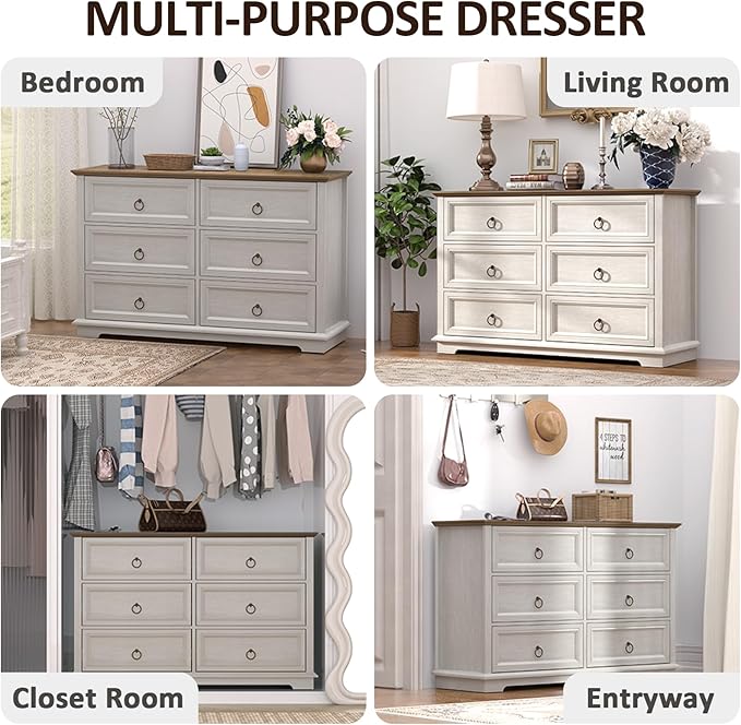 6 Drawers Dresser, Chest of Drawers for Bedroom, Dressers Organizer, Vintage Wood Drawer Chest for Living Room, Bedroom, Closet, Hallway, White