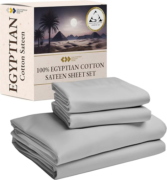 Certified Luxury 100% Egyptian Cotton Bedsheets, California King Bed Sheets, Bedding Sheets & Pillowcases Set, Sateen Cool Sheets for Hot Sleepers, Light Grey Sheets