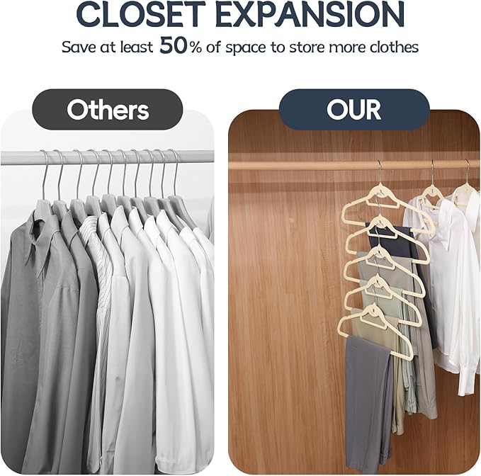 Velvet Hangers 50 Pack, Non Slip Stackable Clothes Hangers with Cascading Hooks, Ultra Thin and Space Saving Felt Hangers with Tie Bar, 360° Swivel Hooks, Heavy Duty for Suit Coat Shirt Pant- Ivory