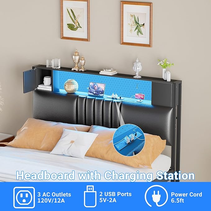 Unikito Headboard for Twin Size Bed with Storage and Cabinet, Black Upholstered Headboards with Outlets, USB Ports, and DIY Color of LED Light, Twin Head Board Only, Comfortable Headboard, Black