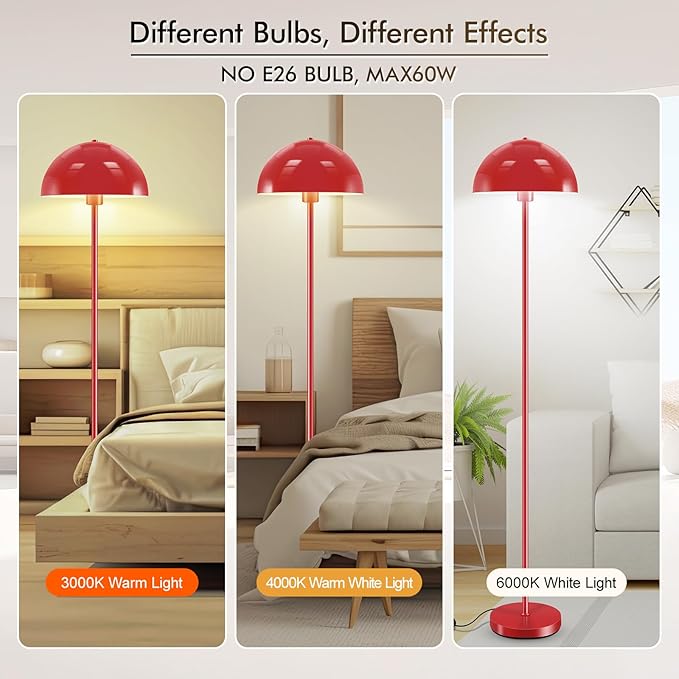 Floor Lamp, Industrial Red Floor Lamps for Living Room, 65.6in Standing Lamp, Retro Mushroom Dome Shade, Whole Metal, E26 Socket, Mid Century Modern Floor Lamp for Bedroom/Office,No Bulb