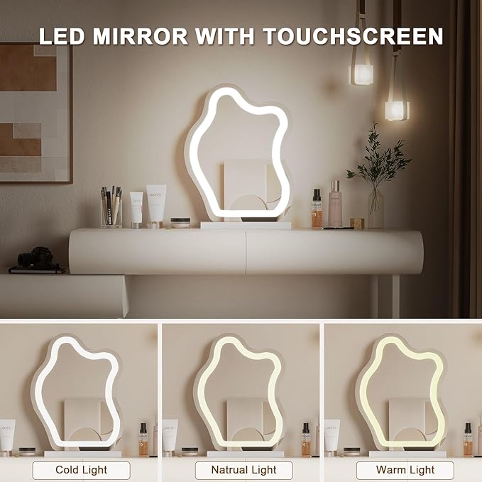 Makeup Vanity Desk with Lighted Mirror and Stool, Faux Leather Upholstered Finish, Modern Dressing Table with 5 Drawers for Bedroom and Makeup Room, Easy Assembly, White