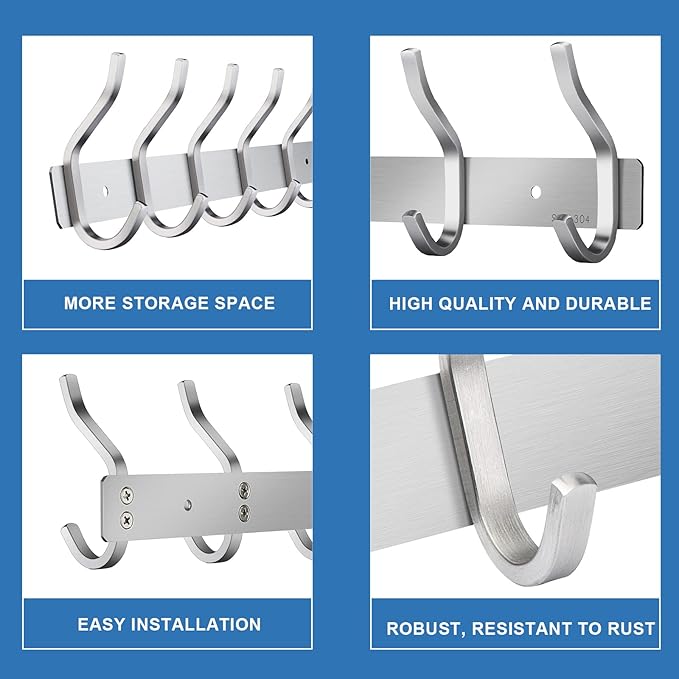 HAMUTH 12 Inch Coat Rack Wall Mount 2 Packs, Heavy Duty Wall Hooks with 4 Hooks, Silver Wall Hooks Hangers for Entryway, Bathroom - for Hanging Backpack, Bag, Coat, Purse, Hat, Towel, Clothes
